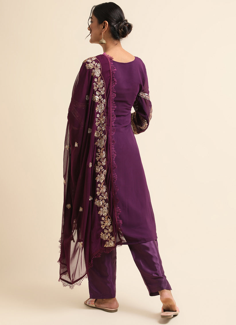 Purple Faux Georgette Embroidered Pant Kameez Suit