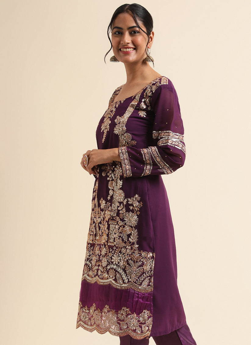 Purple Faux Georgette Embroidered Pant Kameez Suit