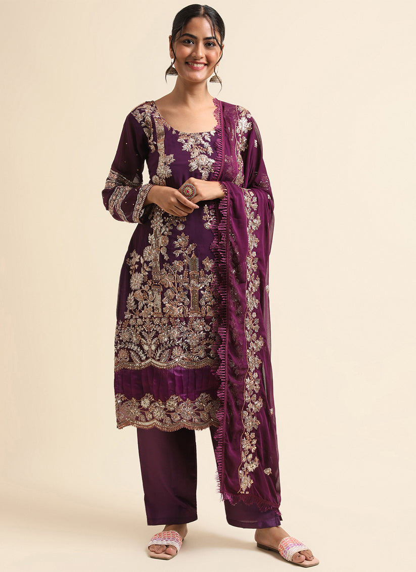 Purple Faux Georgette Embroidered Pant Kameez Suit