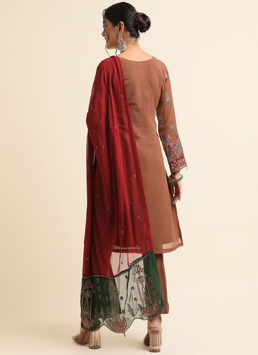 Brown Faux Georgette Embroidered Pant Kameez Suit