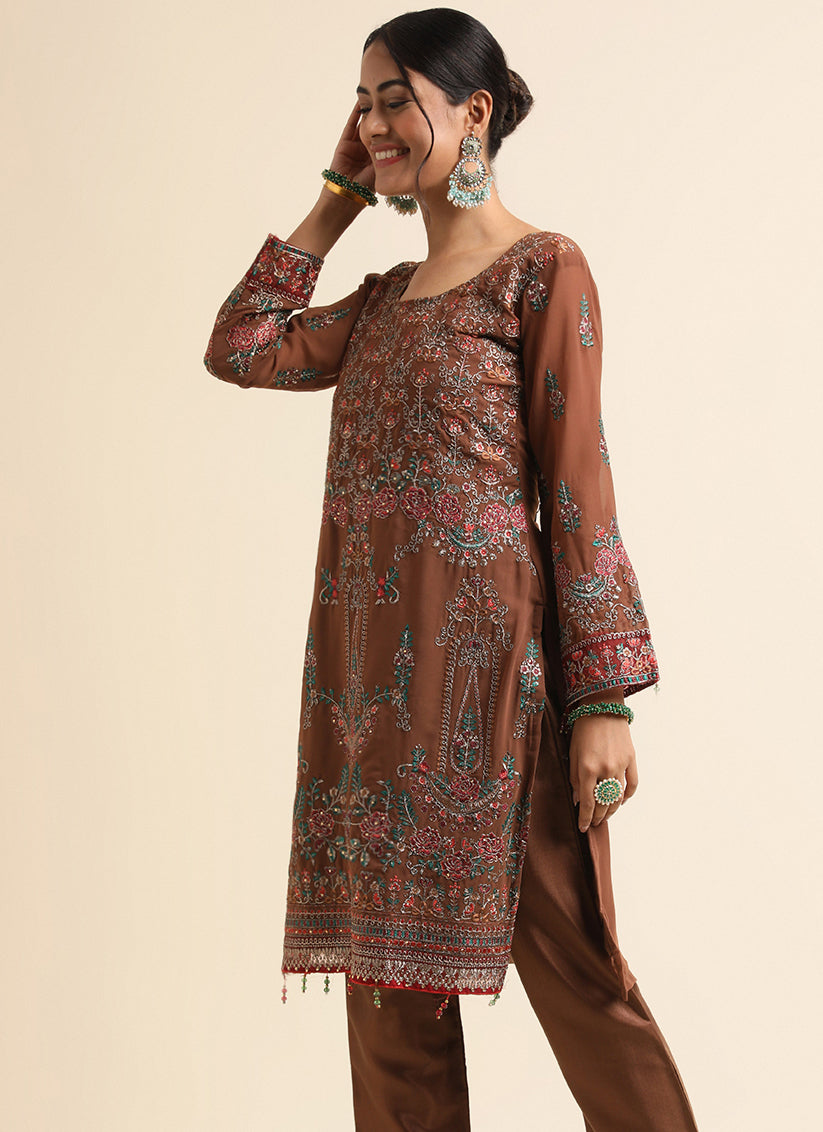 Brown Faux Georgette Embroidered Pant Kameez Suit