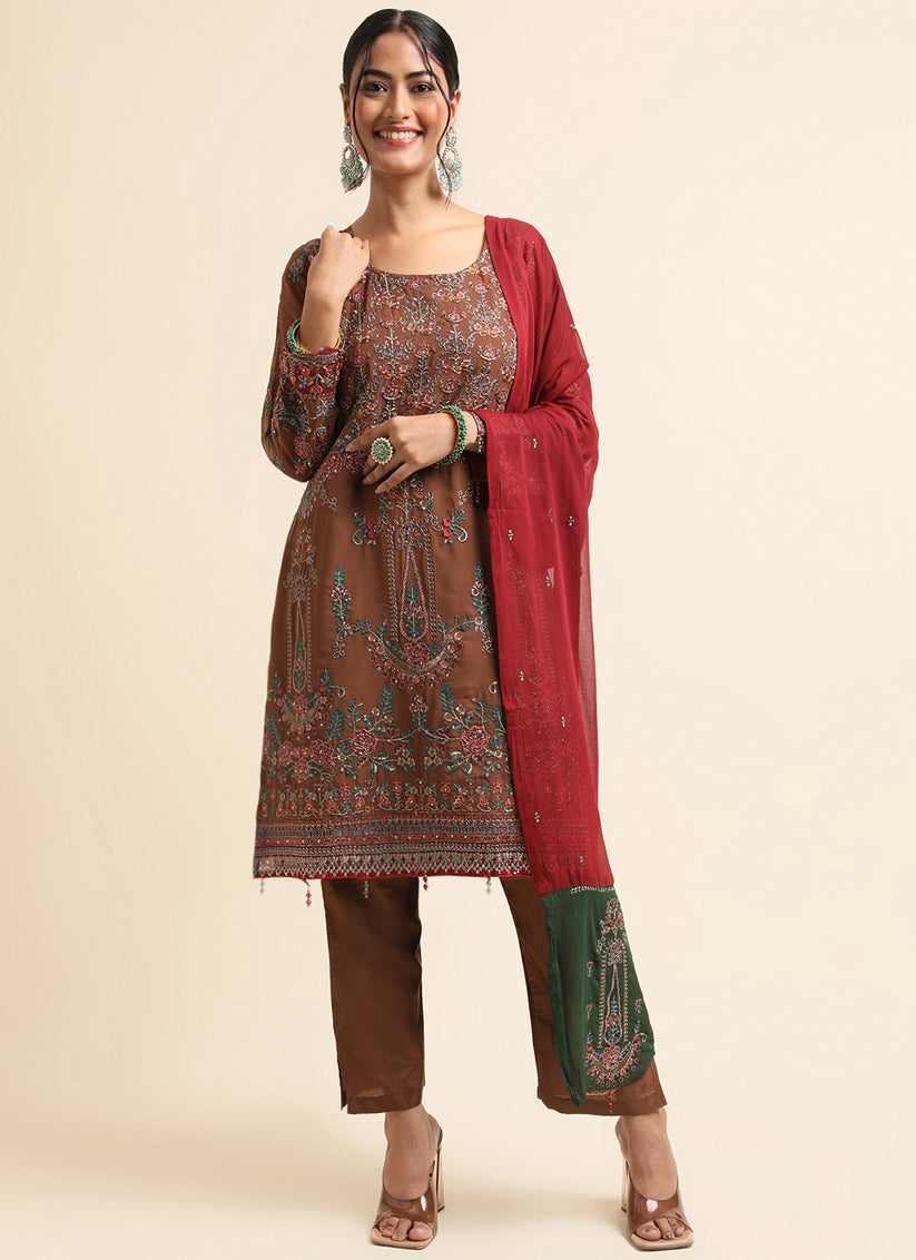 Brown Faux Georgette Embroidered Pant Kameez Suit