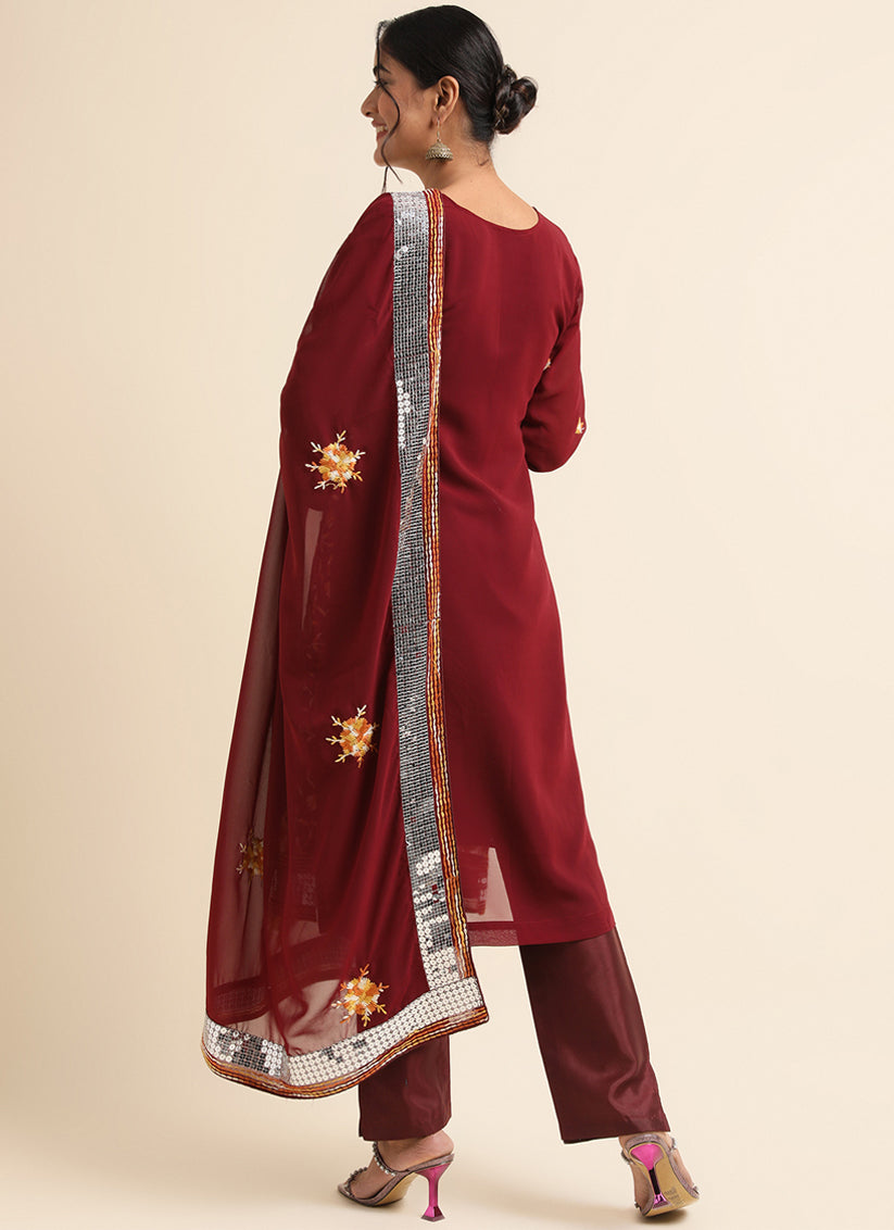 Maroon Faux Georgette Embroidered Pant Kameez Suit