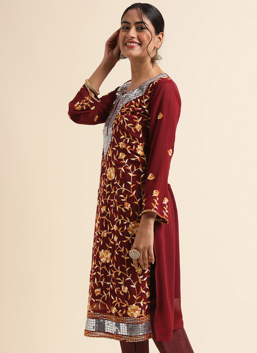 Maroon Faux Georgette Embroidered Pant Kameez Suit