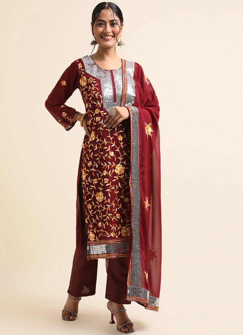 Maroon Faux Georgette Embroidered Pant Kameez Suit