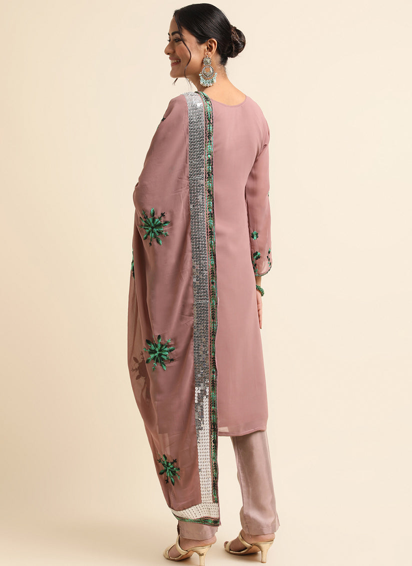 Light Brown Faux Georgette Embroidered Pant Kameez Suit