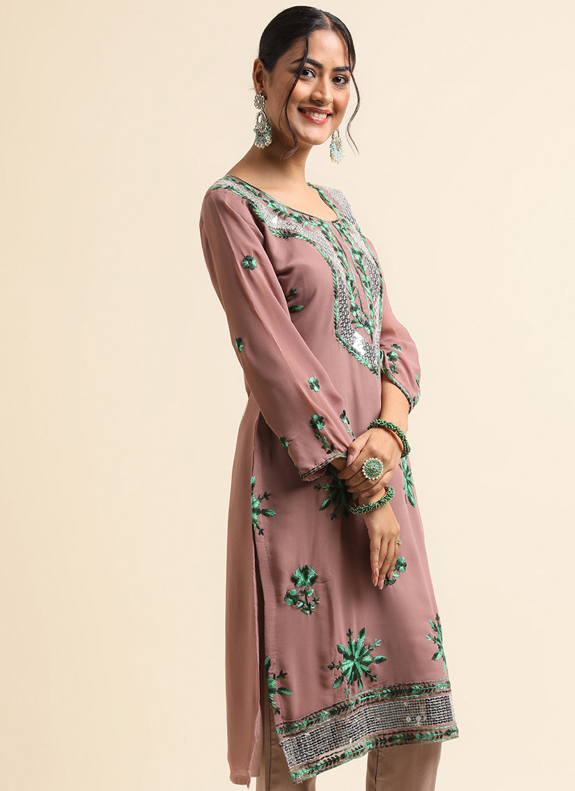 Light Brown Faux Georgette Embroidered Pant Kameez Suit