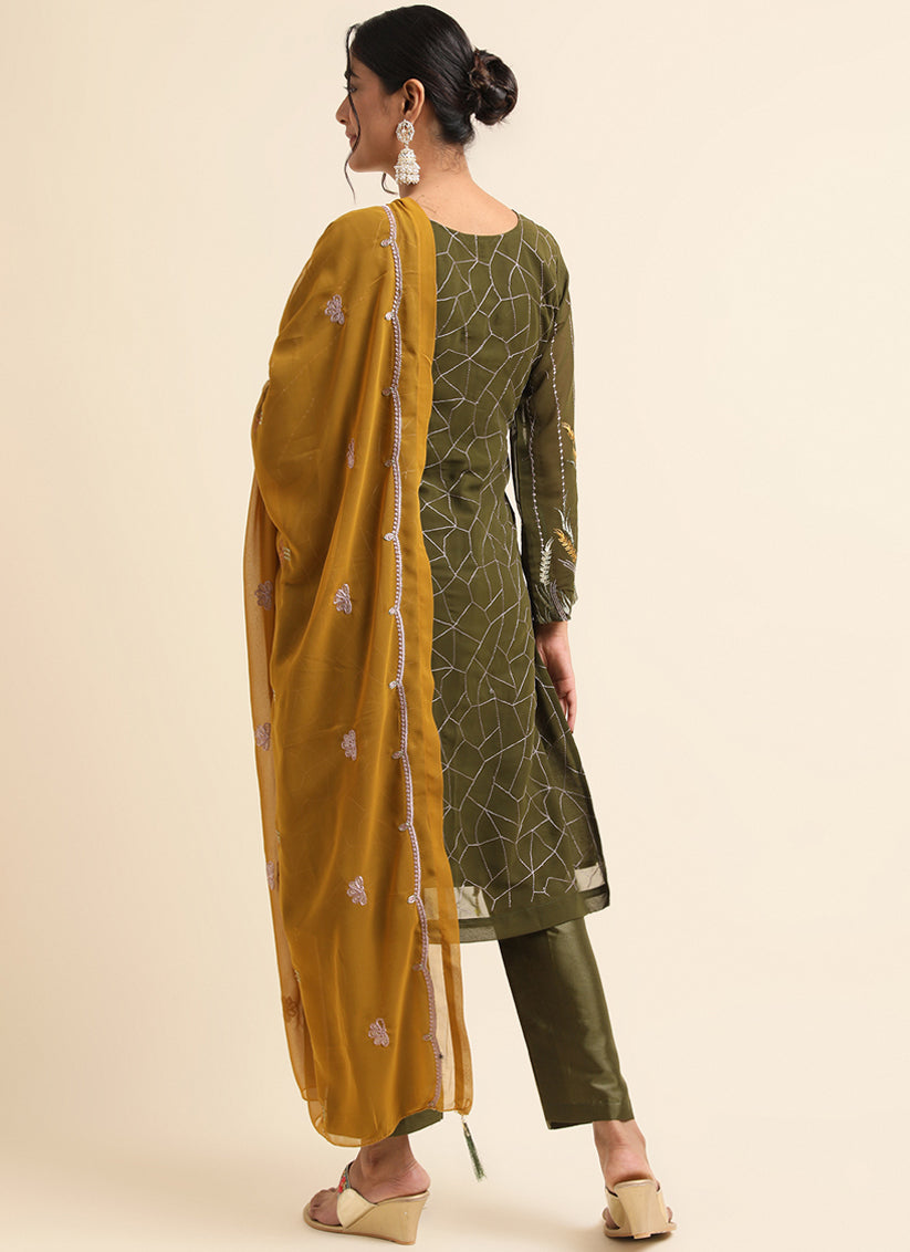 Mehndi Green Faux Georgette Embroidered Pant Kameez Suit