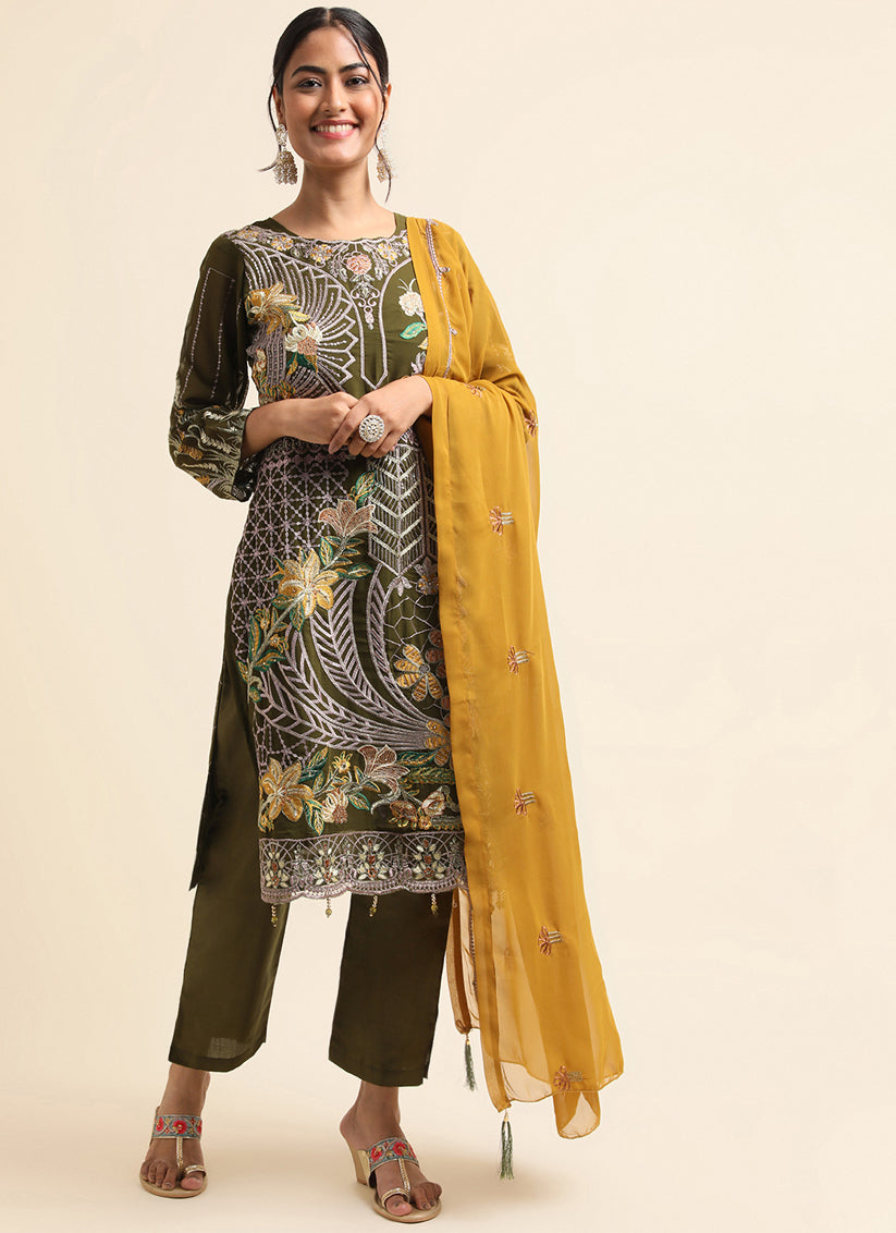 Mehndi Green Faux Georgette Embroidered Pant Kameez Suit