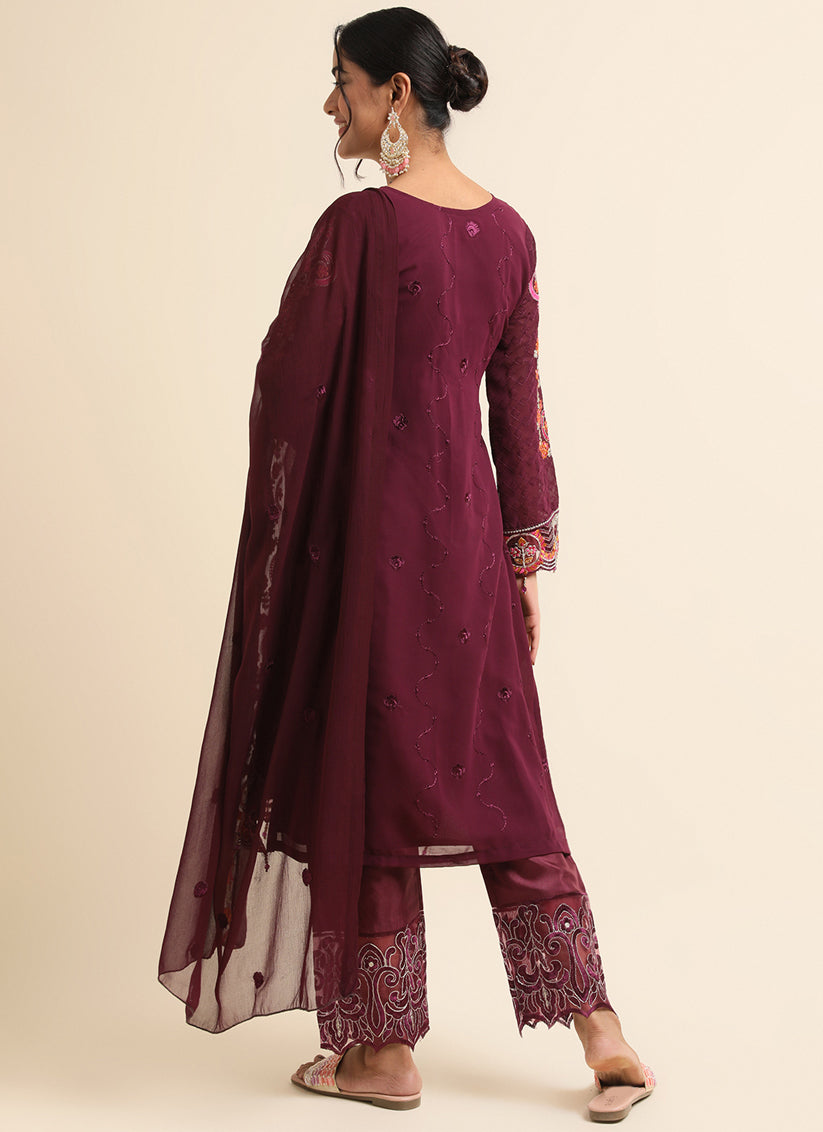 Wine Faux Georgette Embroidered Pant Kameez Suit