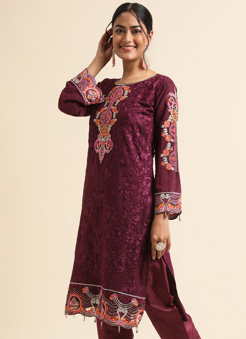 Wine Faux Georgette Embroidered Pant Kameez Suit