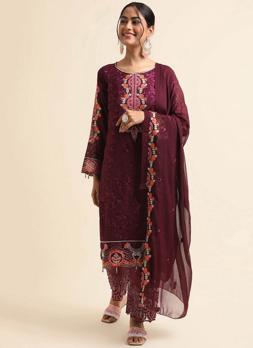 Wine Faux Georgette Embroidered Pant Kameez Suit