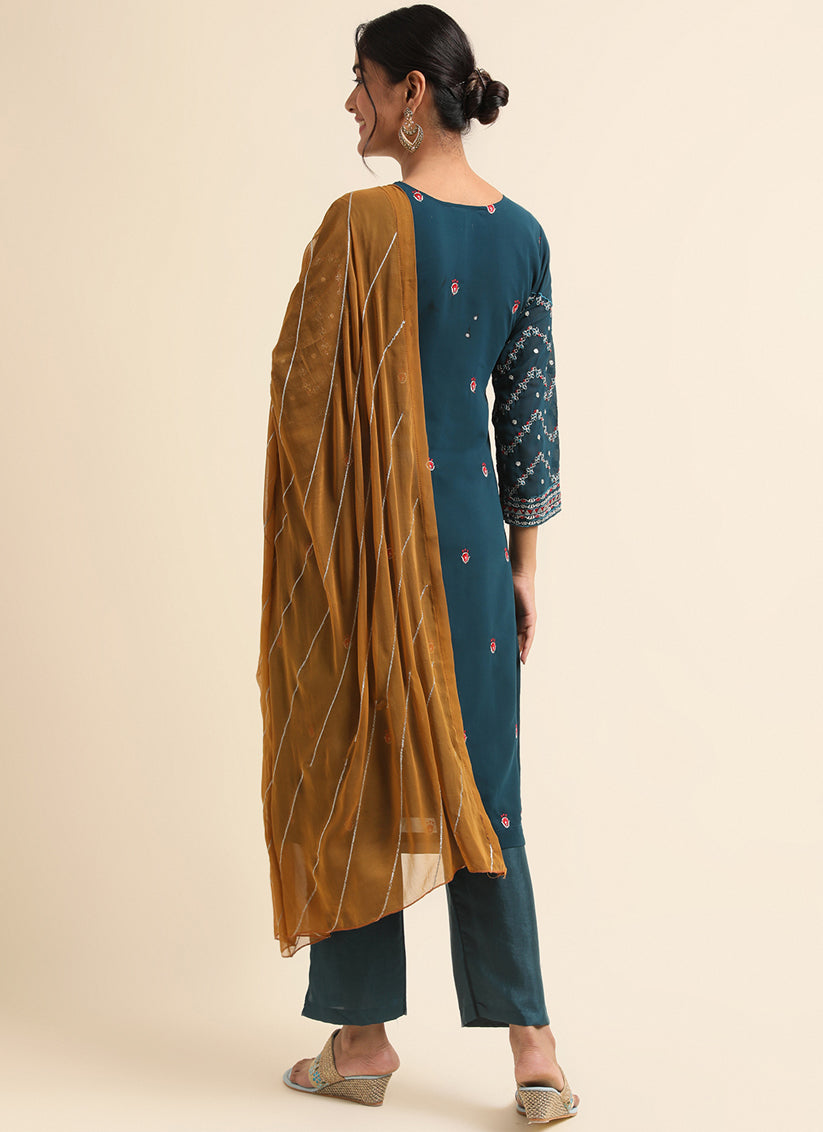 Teal Faux Georgette Embroidered Pant Kameez Suit