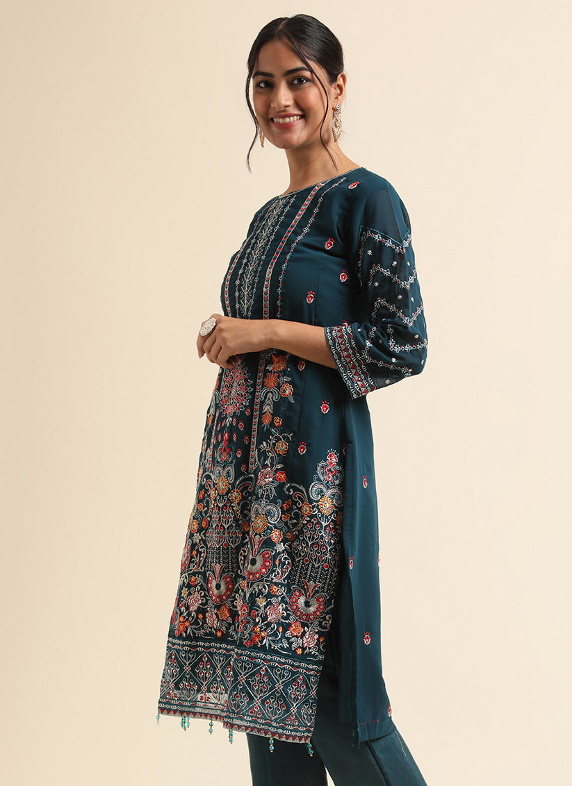 Teal Faux Georgette Embroidered Pant Kameez Suit