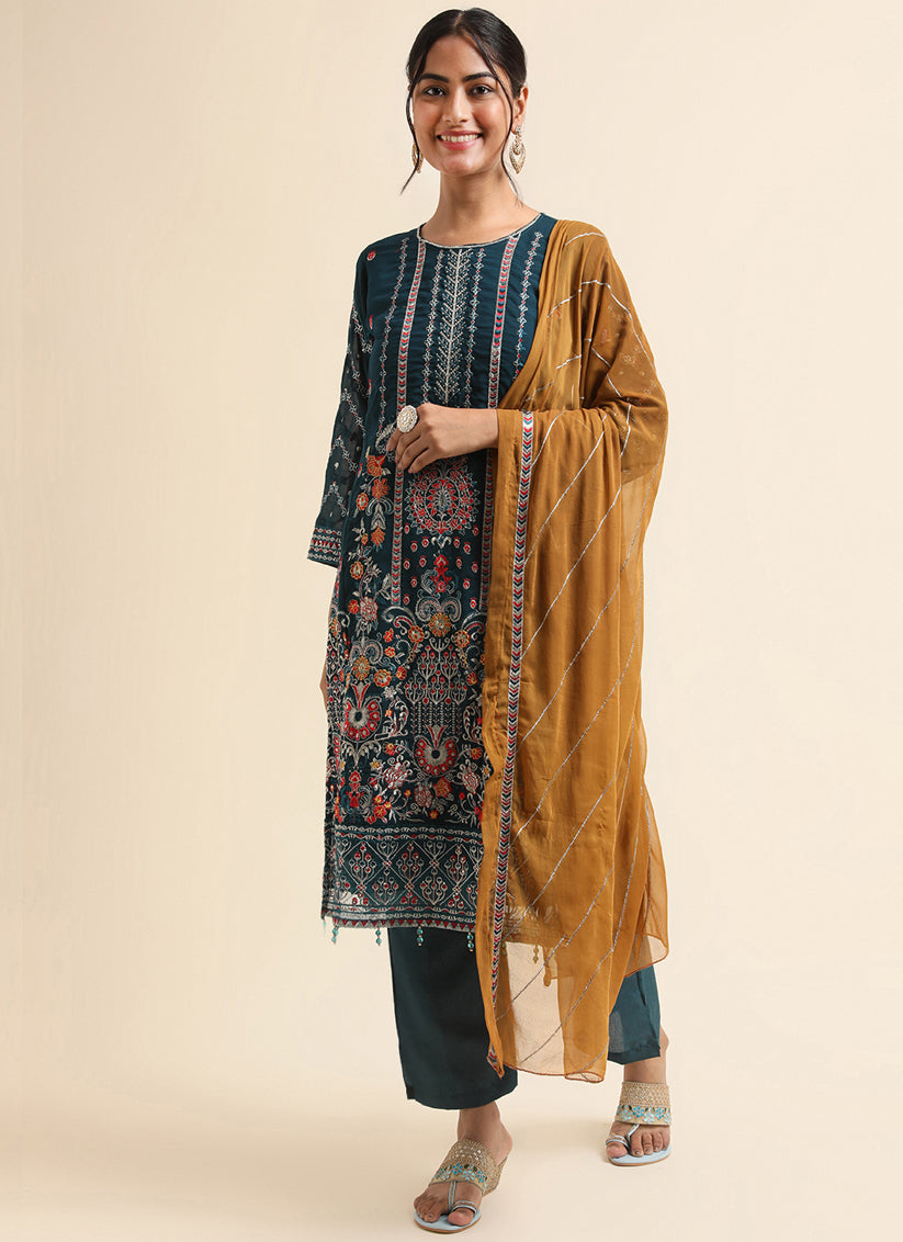 Teal Faux Georgette Embroidered Pant Kameez Suit