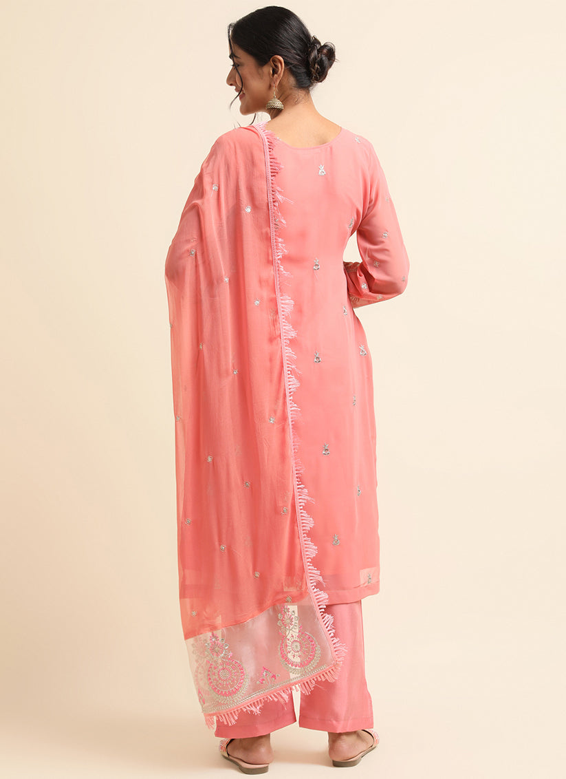 Peach Faux Georgette Embroidered Pant Kameez Suit