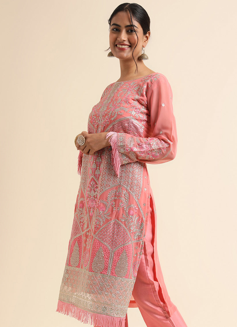 Peach Faux Georgette Embroidered Pant Kameez Suit