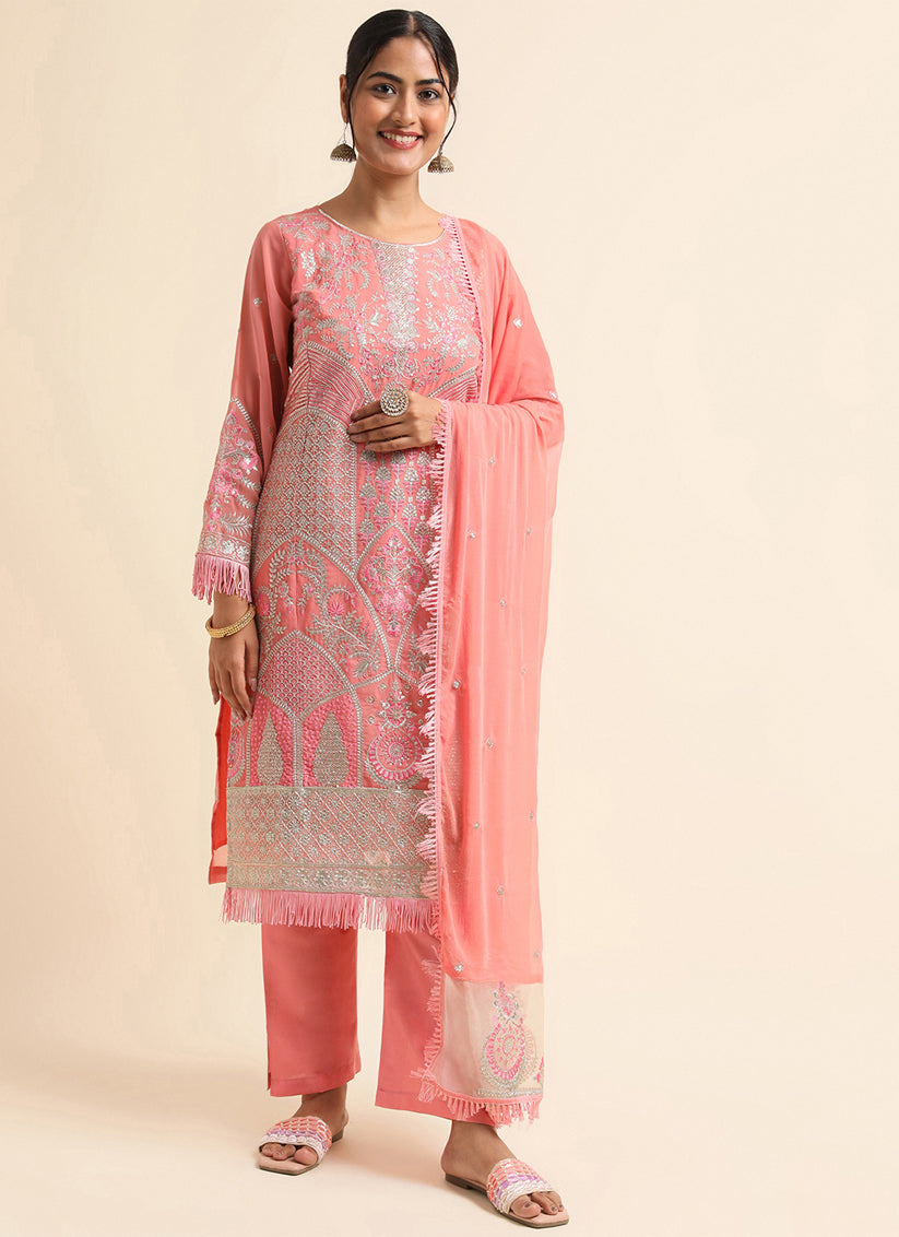 Peach Faux Georgette Embroidered Pant Kameez Suit