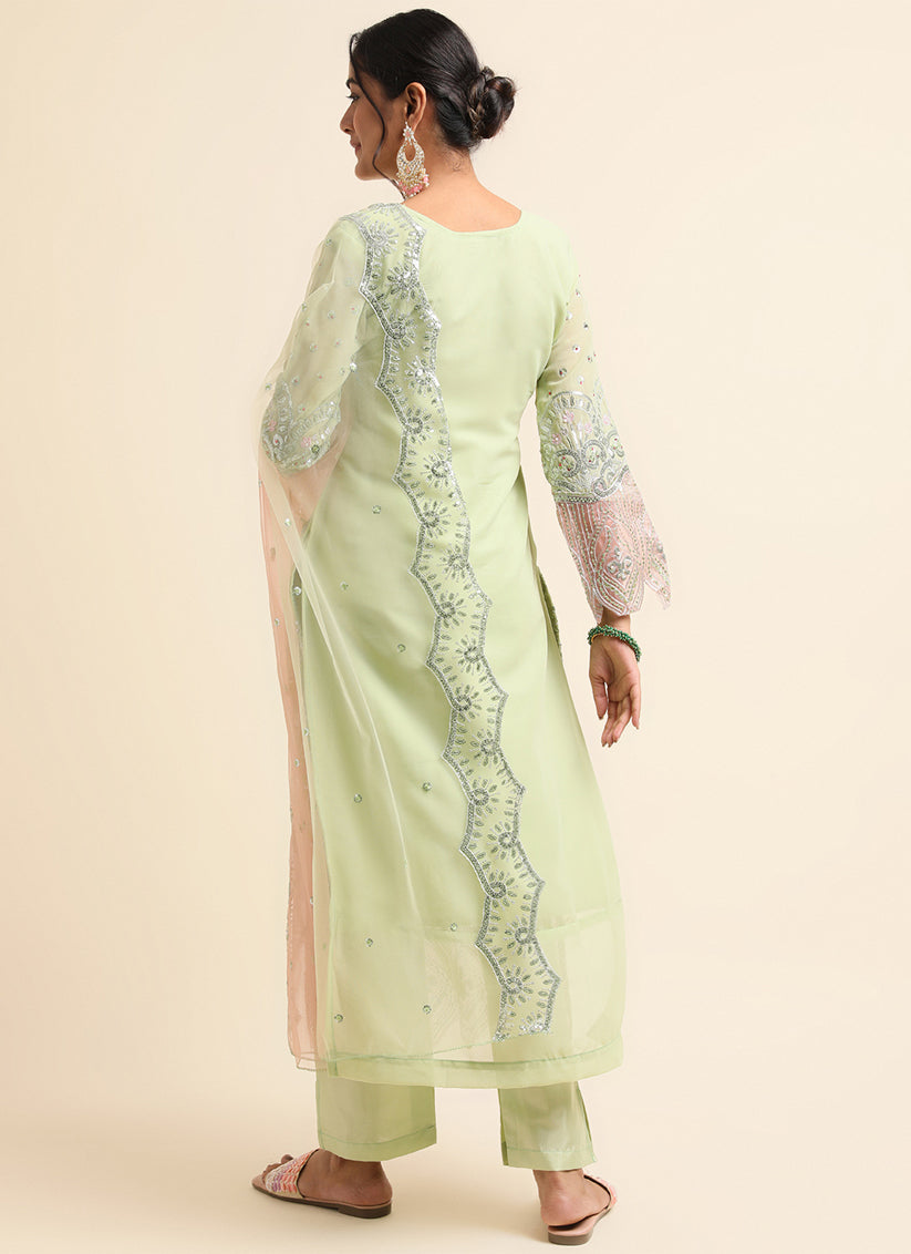 Pista Green Faux Georgette Embroidered Pant Kameez Suit