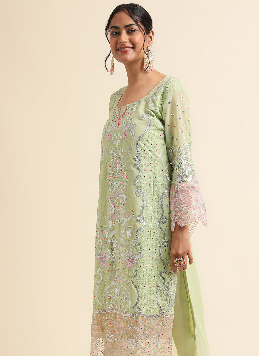 Pista Green Faux Georgette Embroidered Pant Kameez Suit