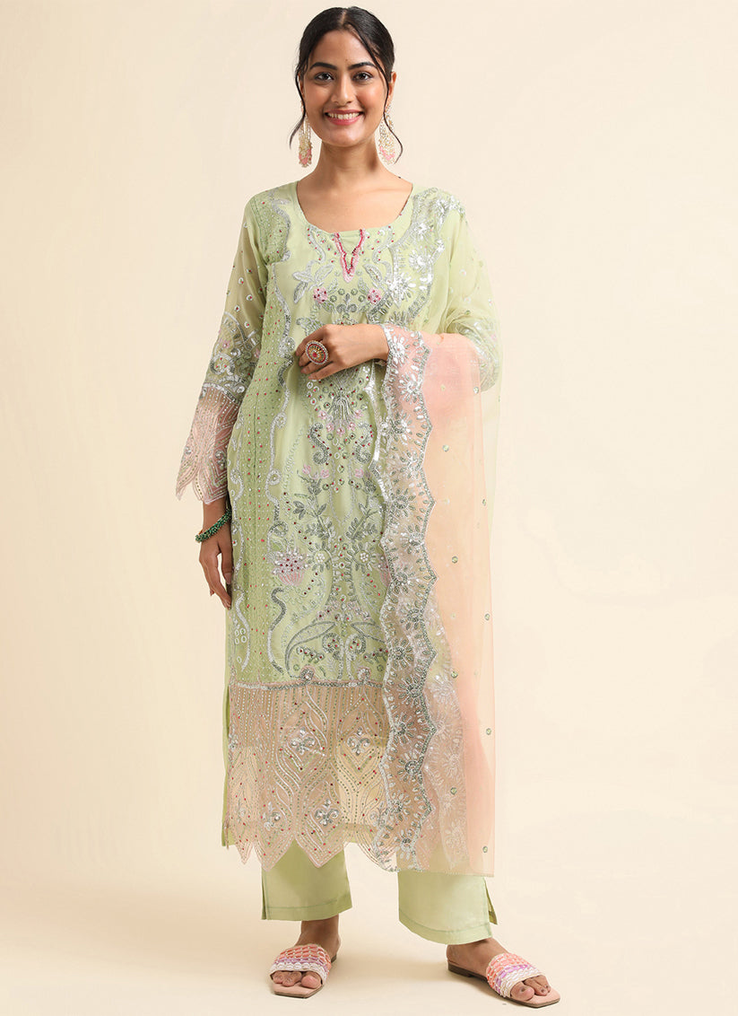 Pista Green Faux Georgette Embroidered Pant Kameez Suit