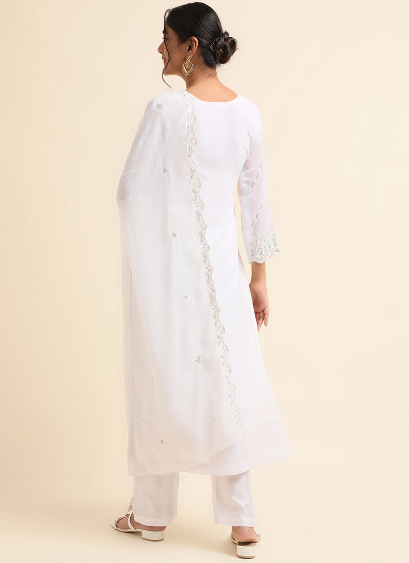 White Faux Georgette Embroidered Pant Kameez Suit