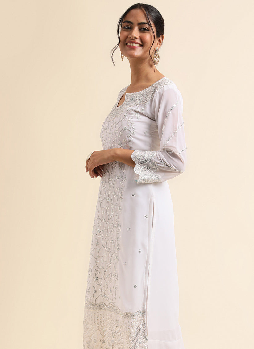 White Faux Georgette Embroidered Pant Kameez Suit