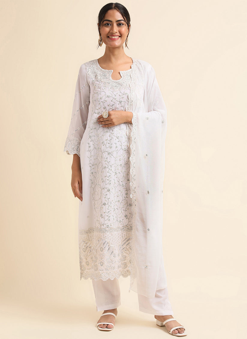 White Faux Georgette Embroidered Pant Kameez Suit