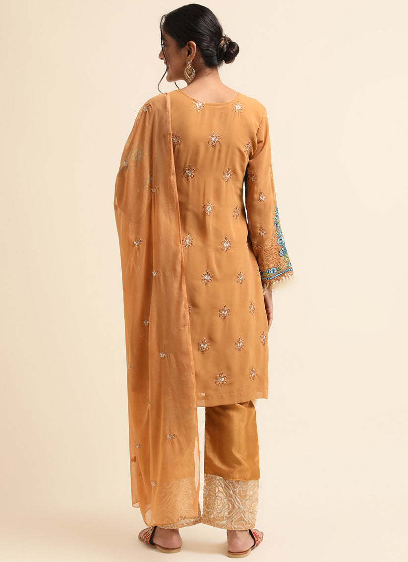 Mustard Faux Georgette Embroidered Pant Kameez Suit