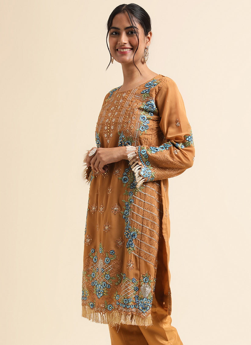 Mustard Faux Georgette Embroidered Pant Kameez Suit