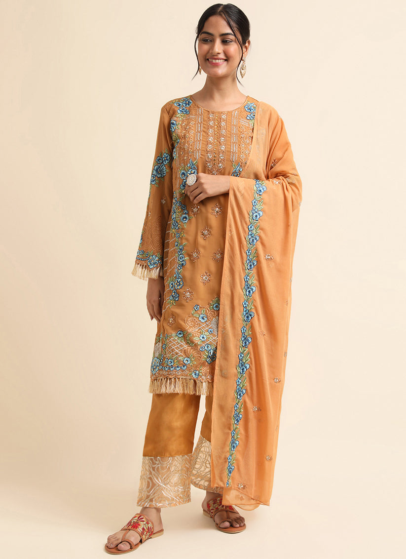 Mustard Faux Georgette Embroidered Pant Kameez Suit