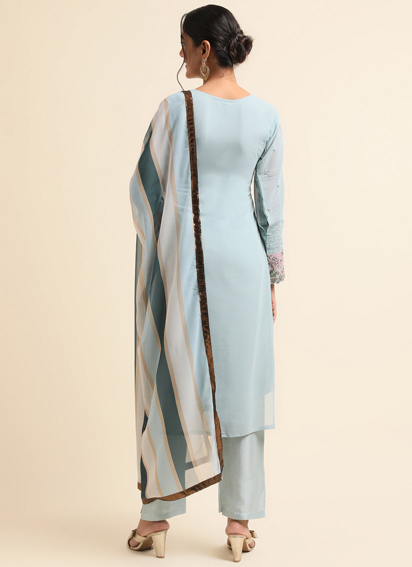 Sky Blue Faux Georgette Embroidered Pant Kameez Suit