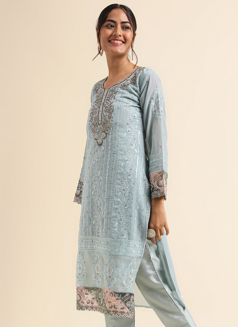 Sky Blue Faux Georgette Embroidered Pant Kameez Suit