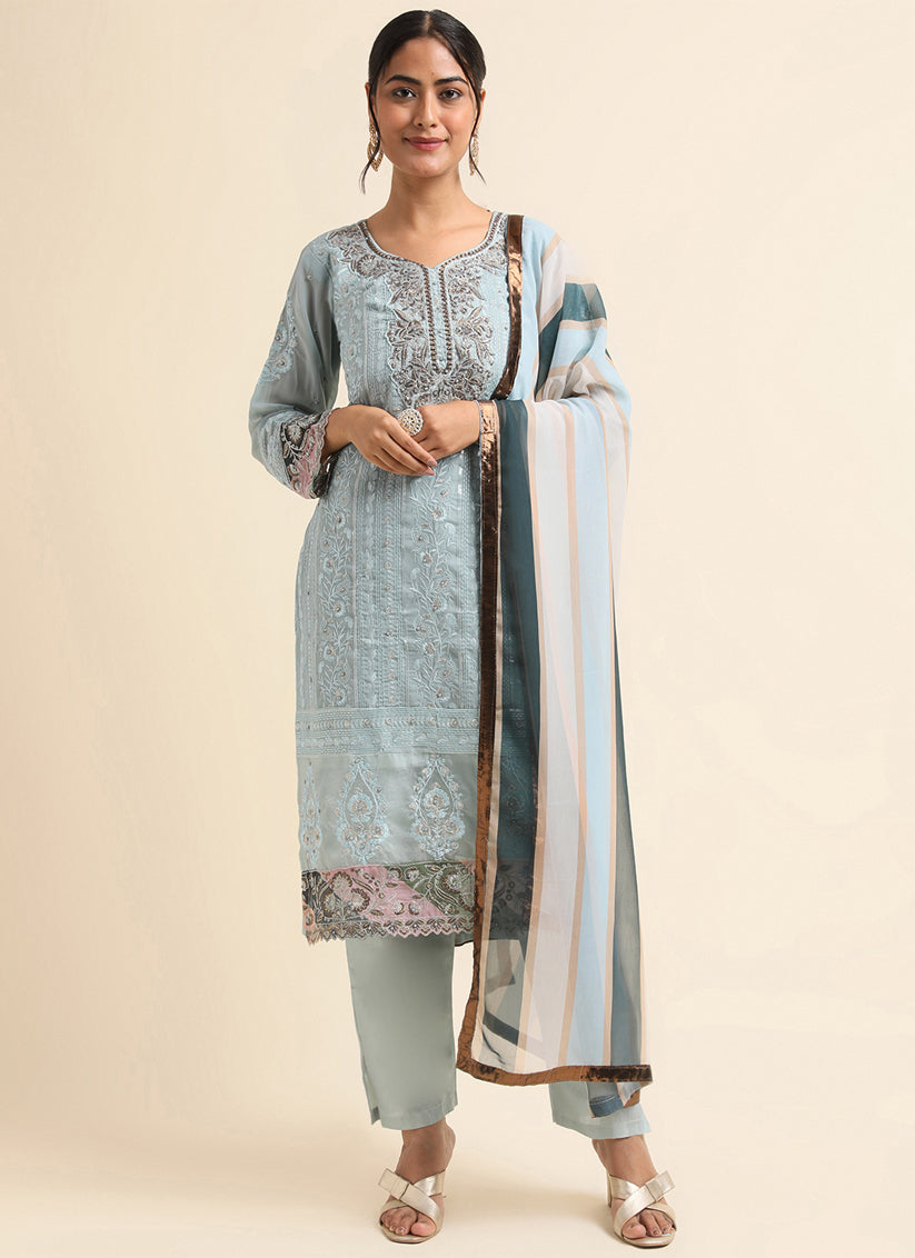 Sky Blue Faux Georgette Embroidered Pant Kameez Suit