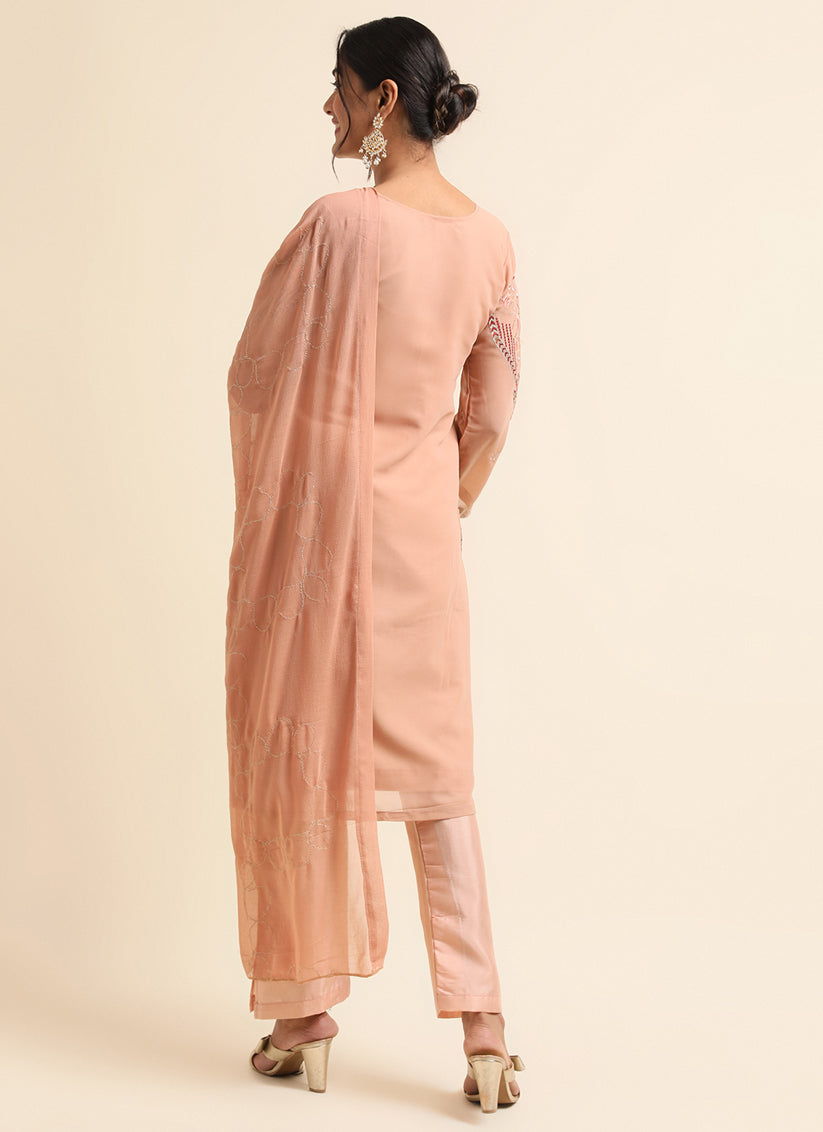 Peach Faux Georgette Embroidered Pant Kameez Suit