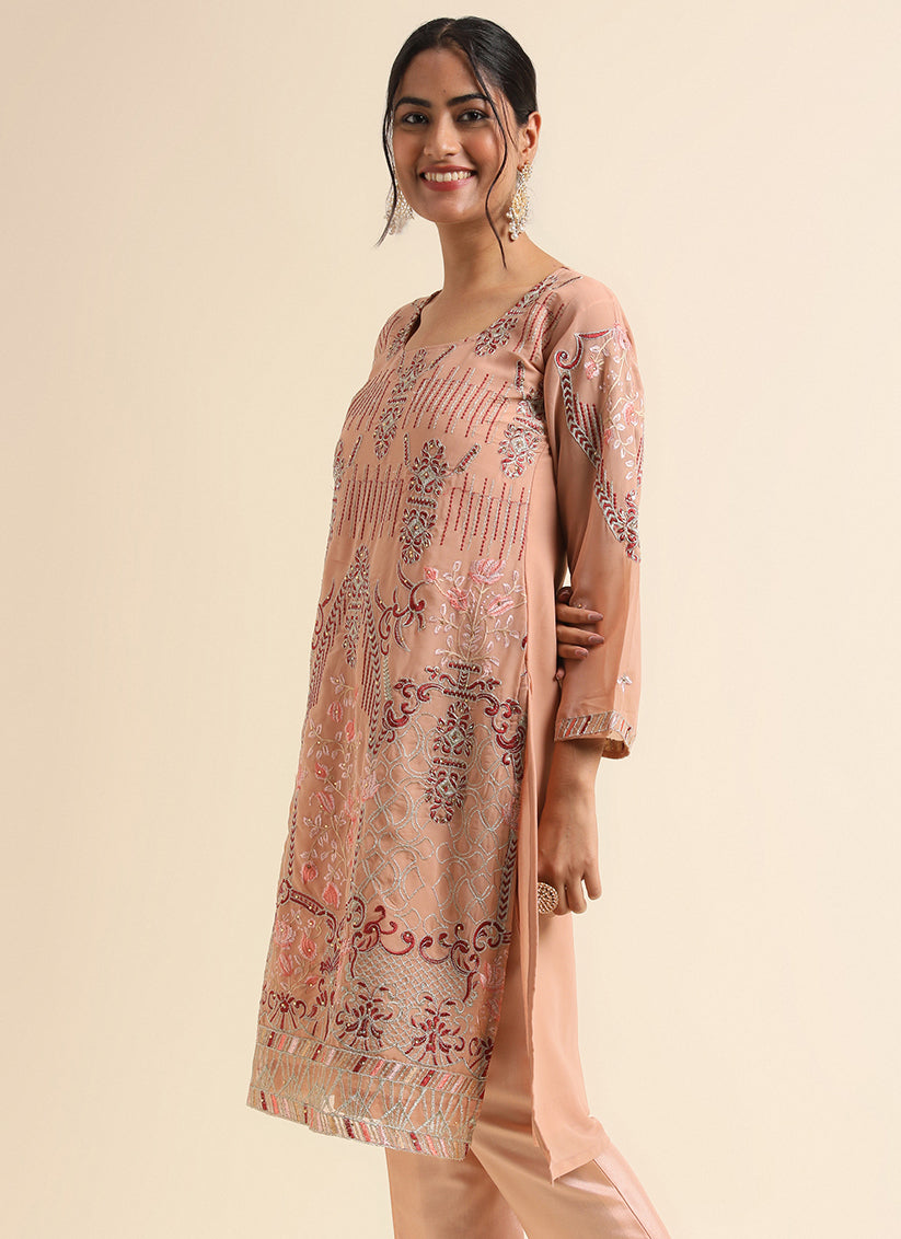 Peach Faux Georgette Embroidered Pant Kameez Suit