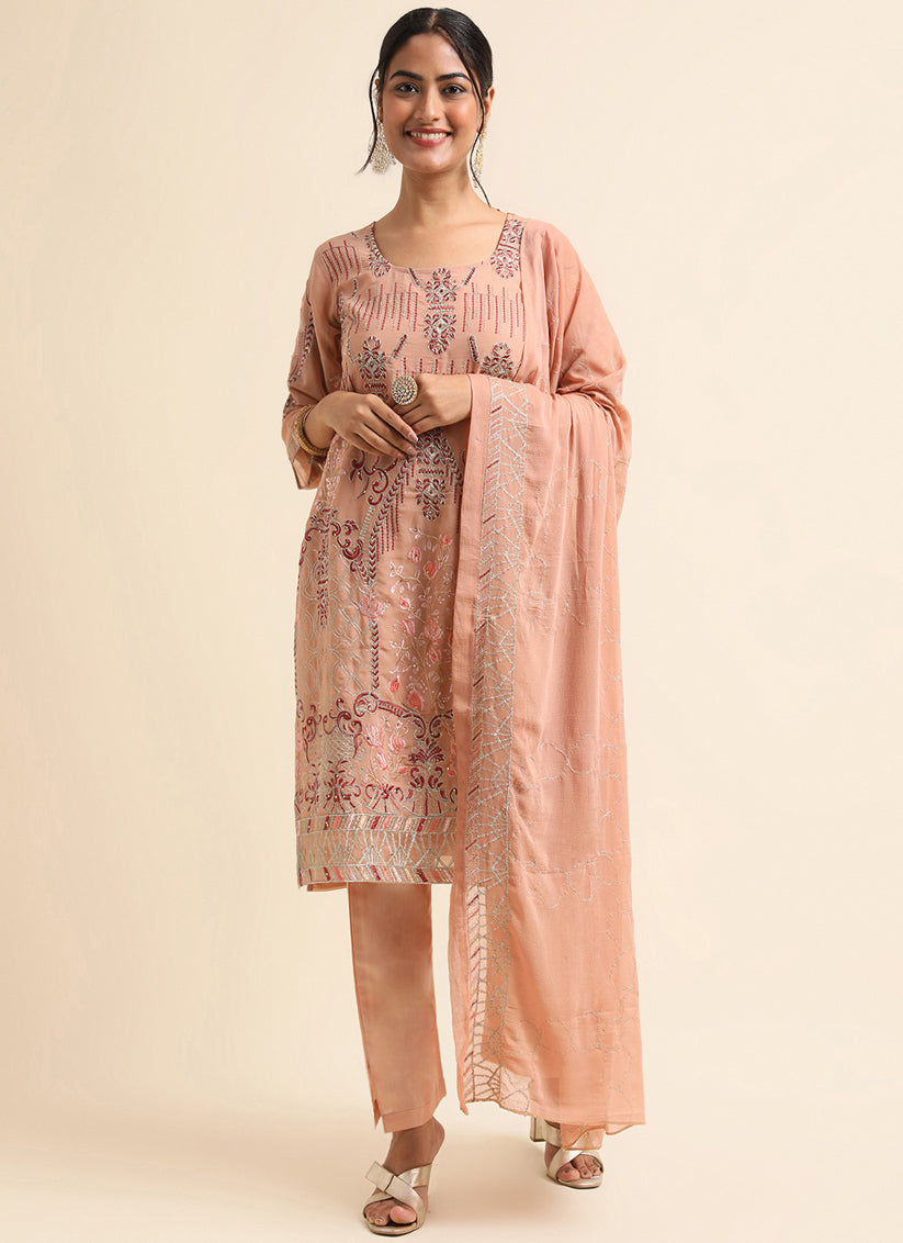 Peach Faux Georgette Embroidered Pant Kameez Suit