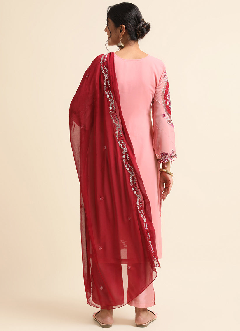 Pink Faux Georgette Embroidered Pant Kameez Suit