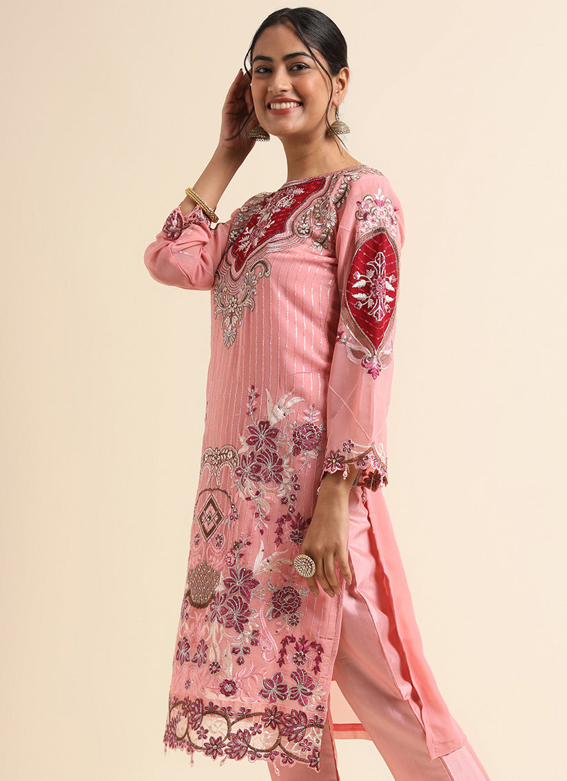 Pink Faux Georgette Embroidered Pant Kameez Suit