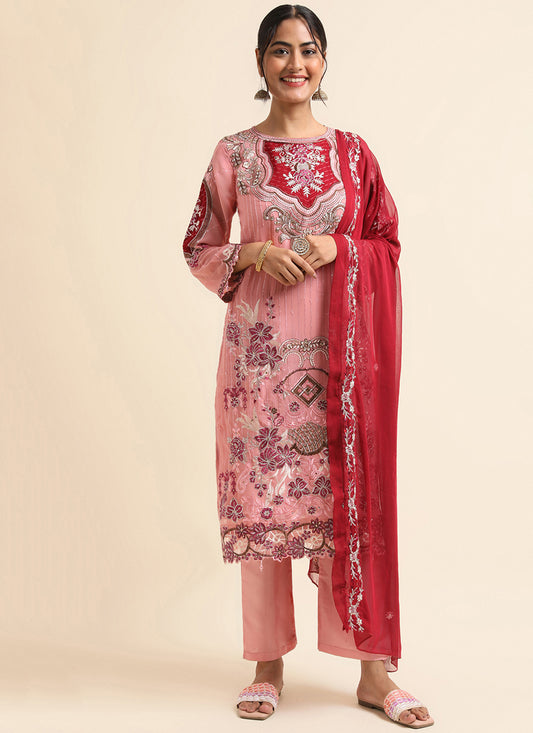 Pink Faux Georgette Embroidered Pant Kameez Suit