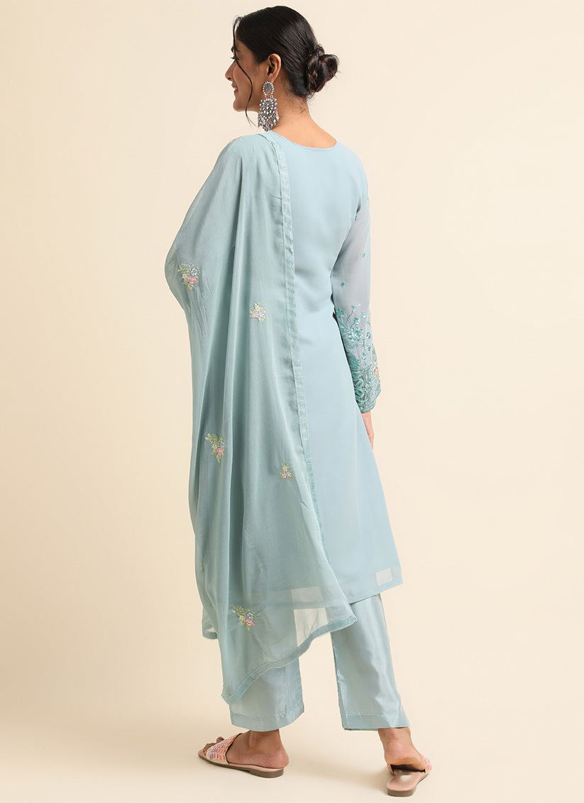 Sky Blue Faux Georgette Embroidered Pant Kameez Suit