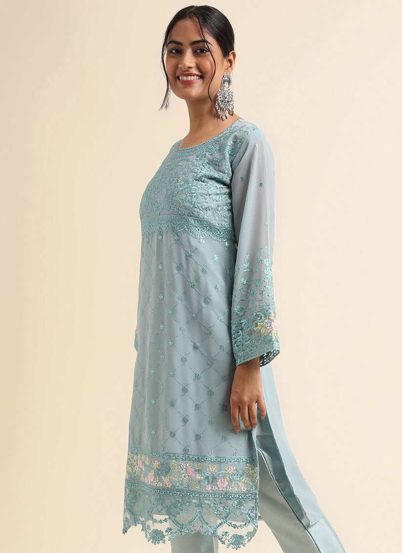 Sky Blue Faux Georgette Embroidered Pant Kameez Suit