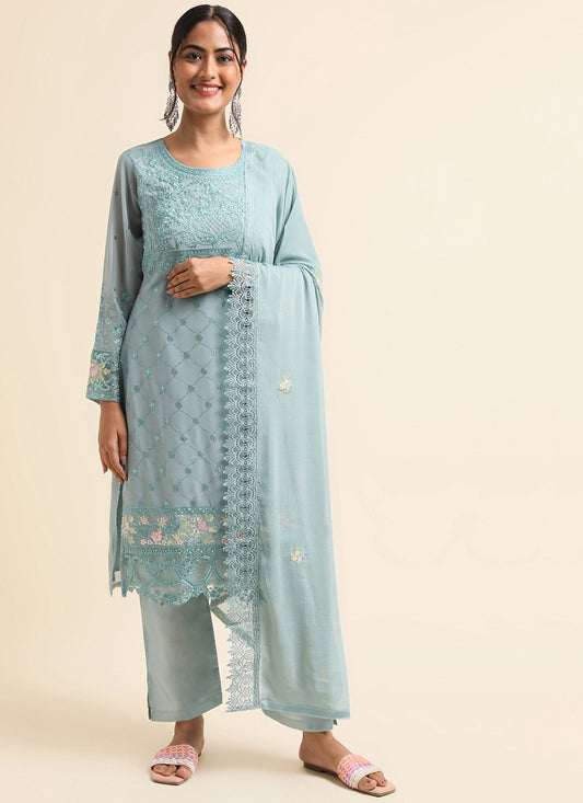 Sky Blue Faux Georgette Embroidered Pant Kameez Suit