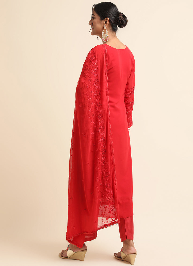 Red Faux Georgette Embroidered Pant Kameez Suit