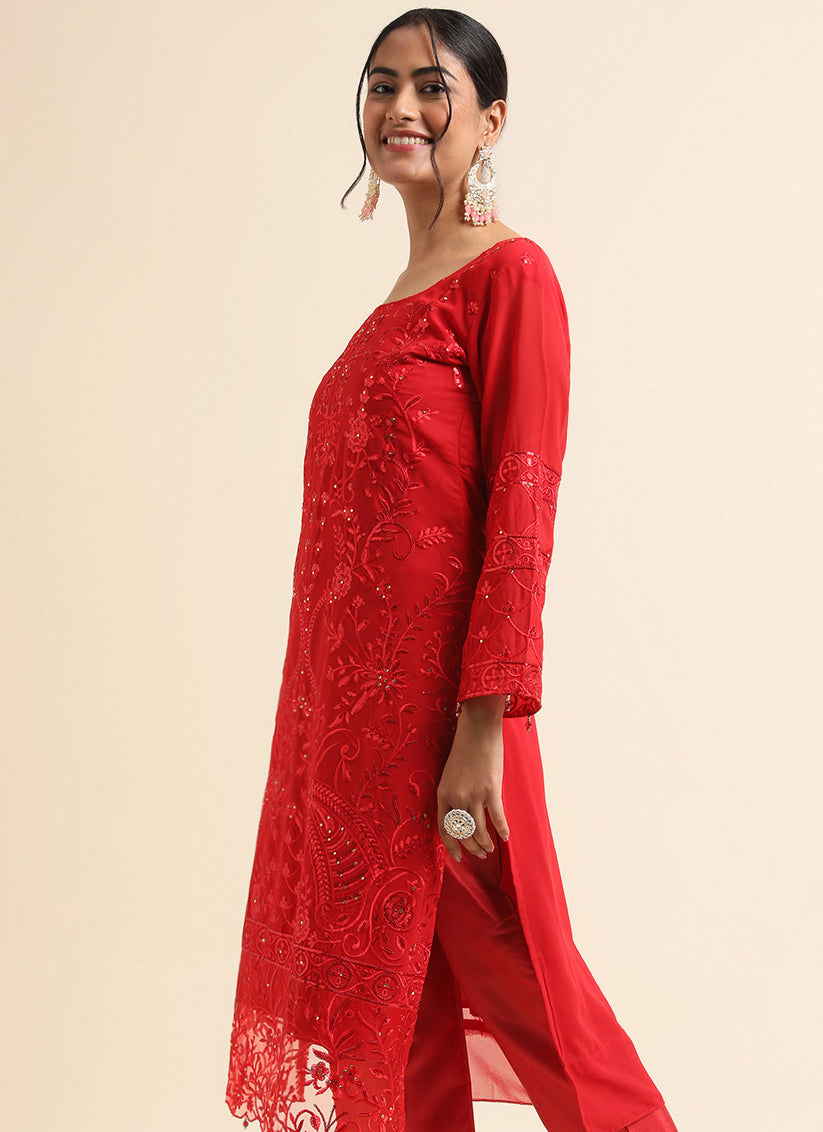 Red Faux Georgette Embroidered Pant Kameez Suit