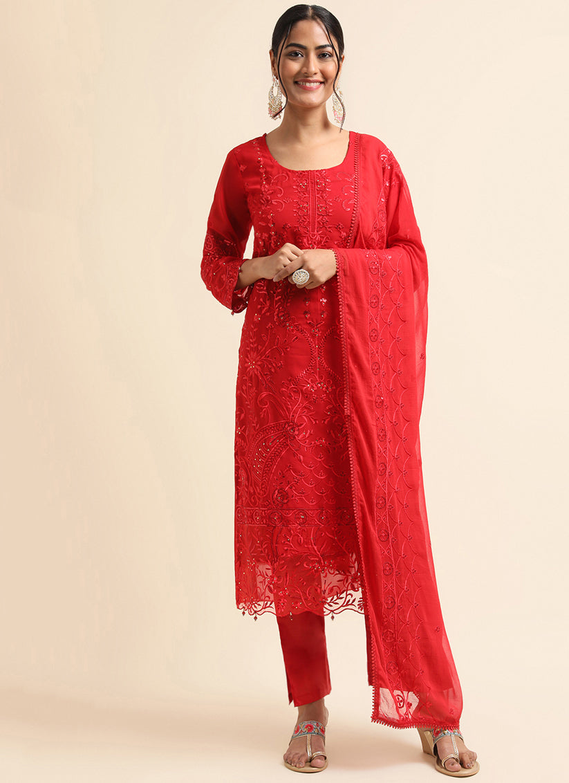 Red Faux Georgette Embroidered Pant Kameez Suit