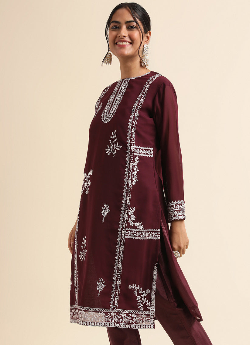 Wine Faux Georgette Embroidered Pant Kameez Suit