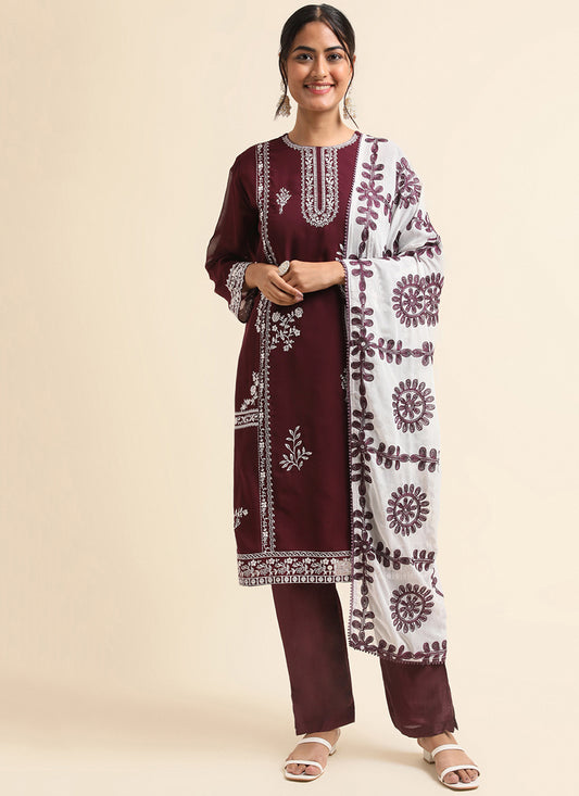 Wine Faux Georgette Embroidered Pant Kameez Suit