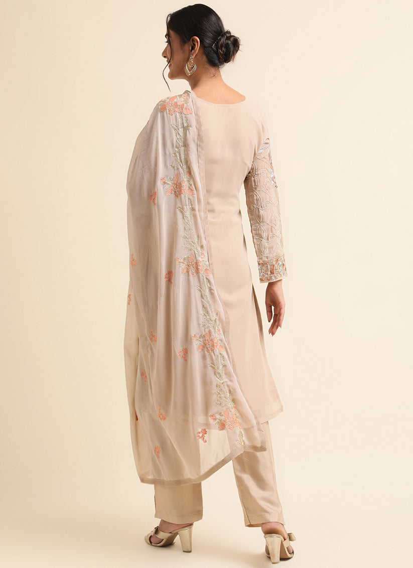 Beige Faux Georgette Embroidered Pant Kameez Suit