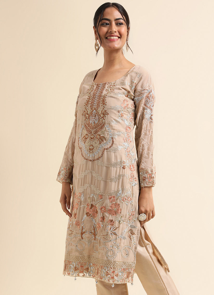 Beige Faux Georgette Embroidered Pant Kameez Suit